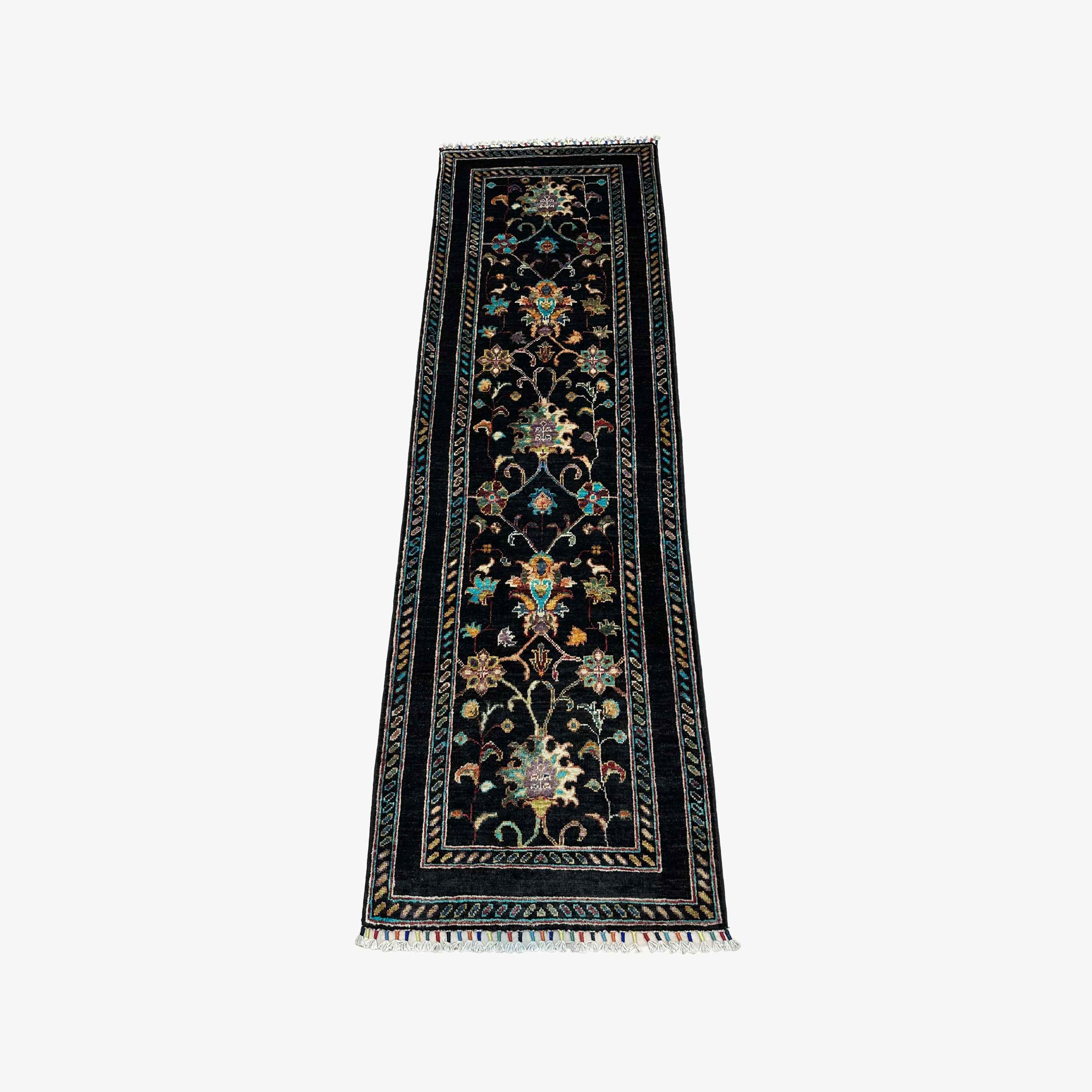 Sultani 6.4 x 2.1 Wool Runner – Midnight Black with Floral & Vine Motifs
