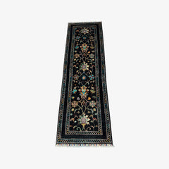 Sultani 6.4 x 2.1 Wool Runner – Midnight Black with Floral & Vine Motifs