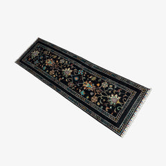 Sultani 6.4 x 2.1 Wool Runner – Midnight Black with Floral & Vine Motifs