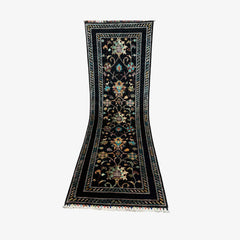 Sultani 6.3 x 1.8 Wool Runner – Black Field with Floral Medallions & Vines
