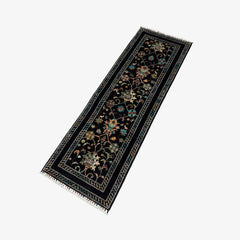 Sultani 6.3 x 1.8 Wool Runner – Black Field with Floral Medallions & Vines