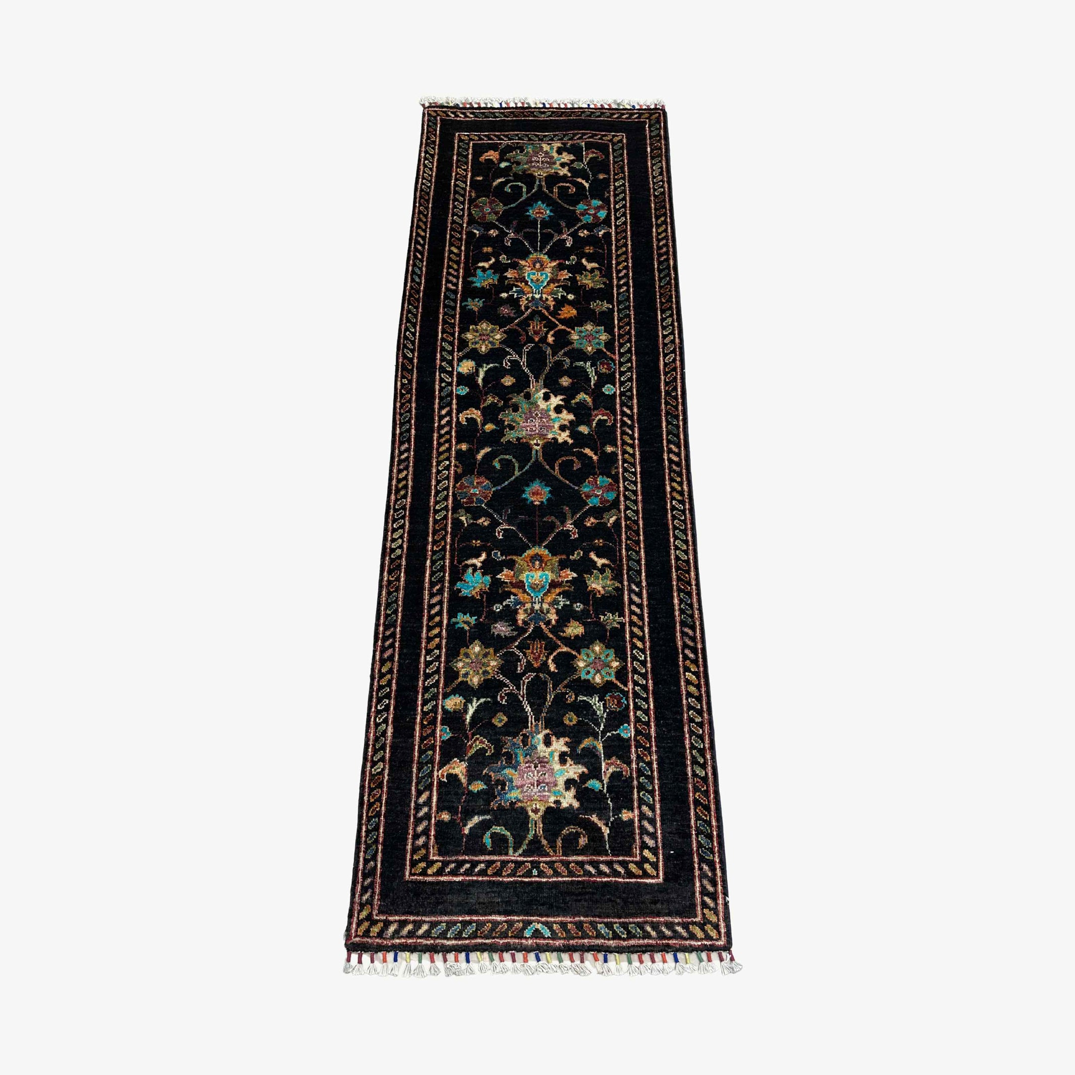 Sultani 6.2 x 2 Wool Runner – Midnight Black with Floral & Tree Motifs
