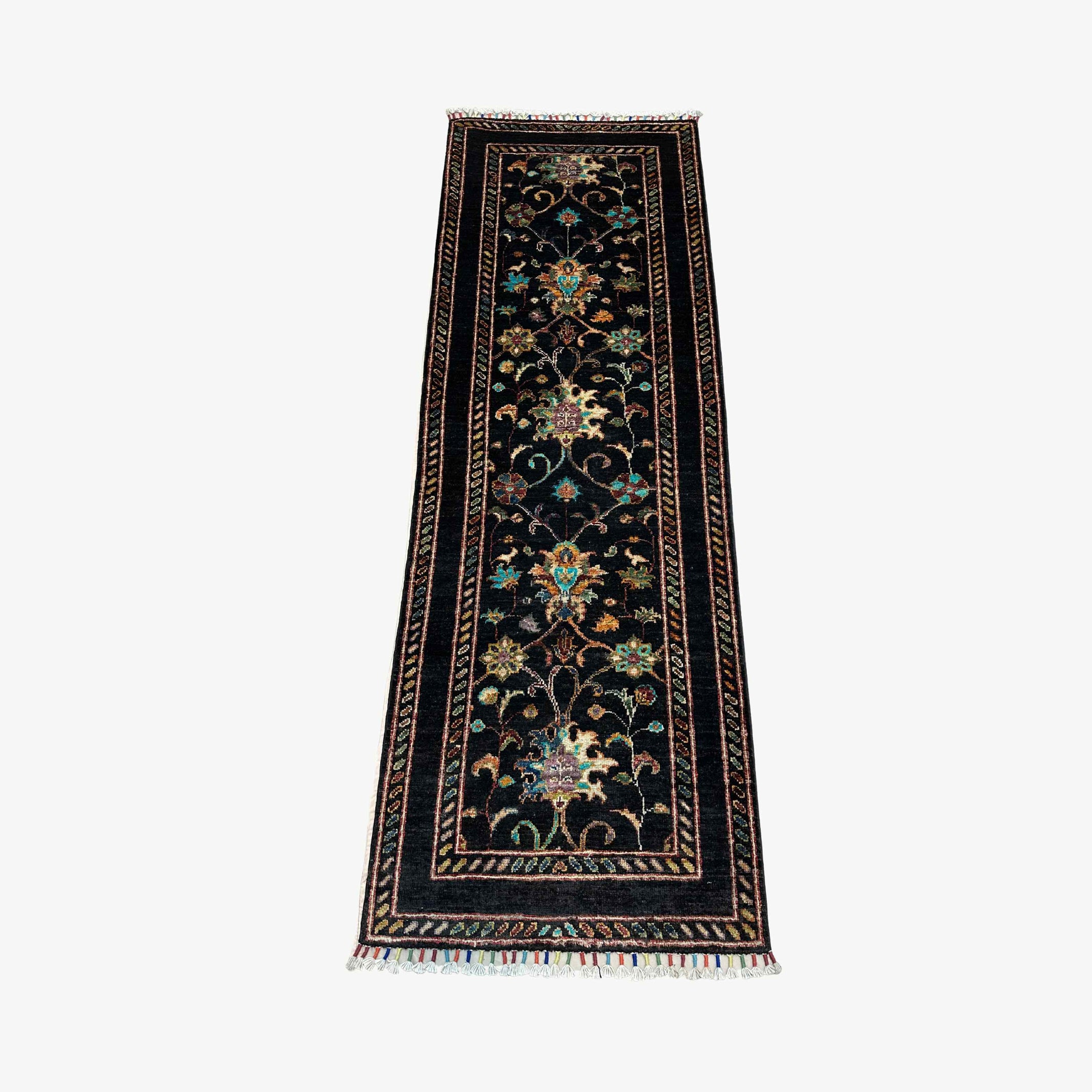 Sultani 6.2 x 2.1 Wool Runner – Midnight Black with Vine & Tree of Life Motifs