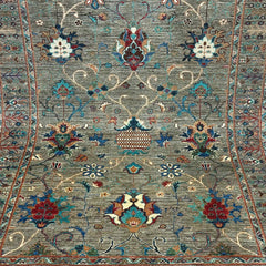 Sultani 6.5 x 5 Wool Rug – Sage Grey Field with Floral Palmettes & Vines