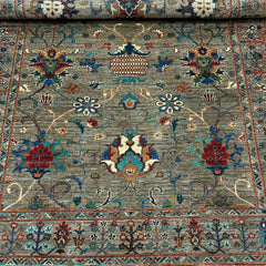 Sultani 6.5 x 5 Wool Rug – Sage Grey Field with Floral Palmettes & Vines