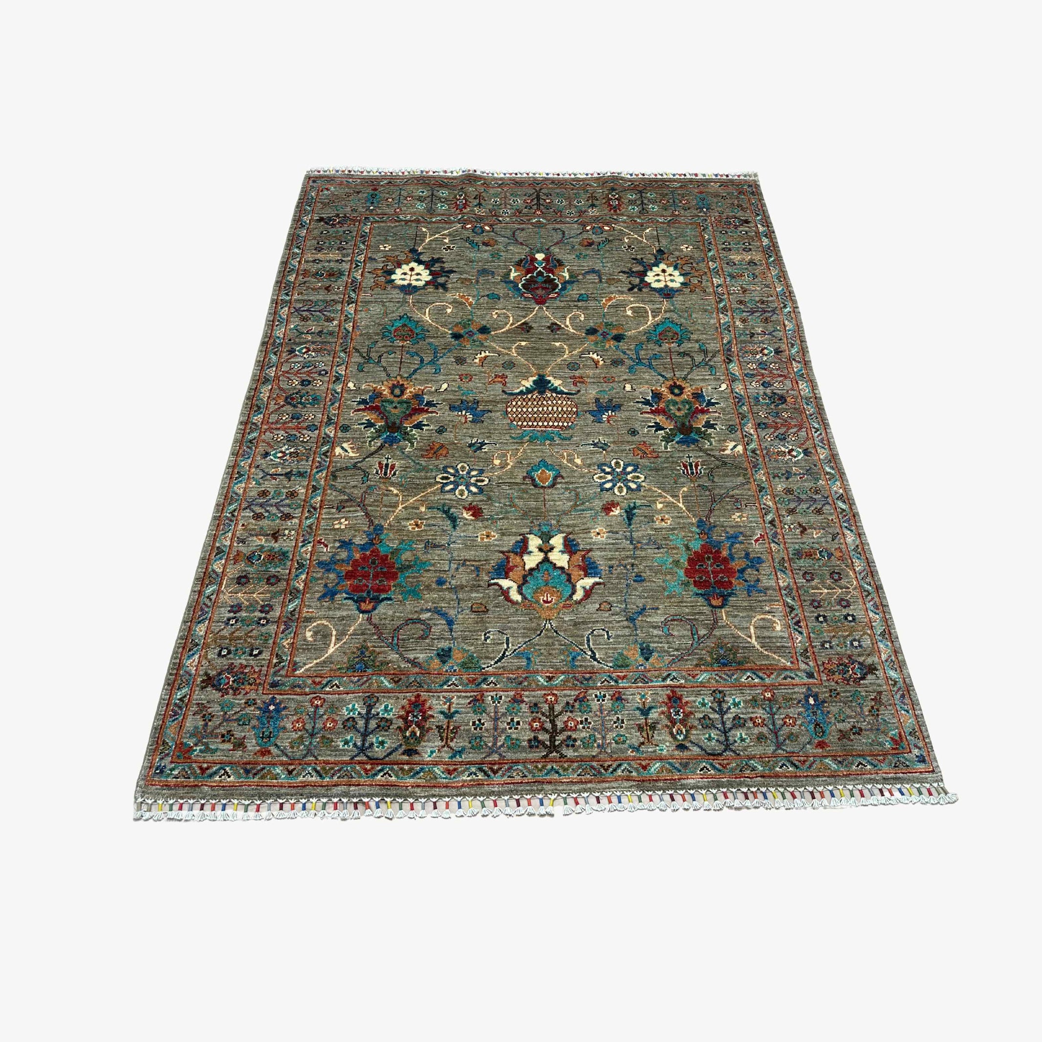 Sultani 6.5 x 5 Wool Rug – Sage Grey Field with Floral Palmettes & Vines