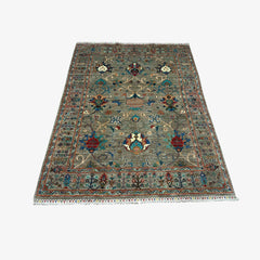 Sultani 6.5 x 5 Wool Rug – Sage Grey Field with Floral Palmettes & Vines