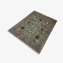 Sultani 6.5 x 5 Wool Rug – Sage Grey Field with Floral Palmettes & Vines