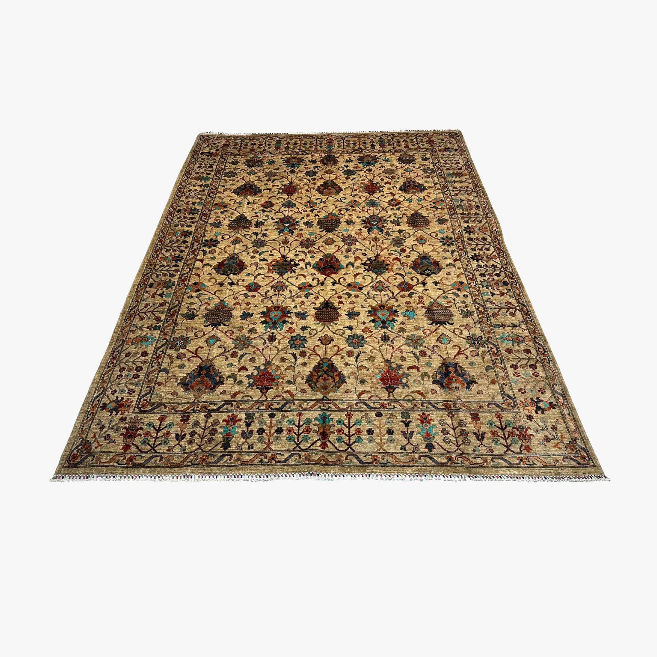 Sultani 11.6 x 9 Wool Rug – Sand Beige with Vase & Blooming Floral Motifs