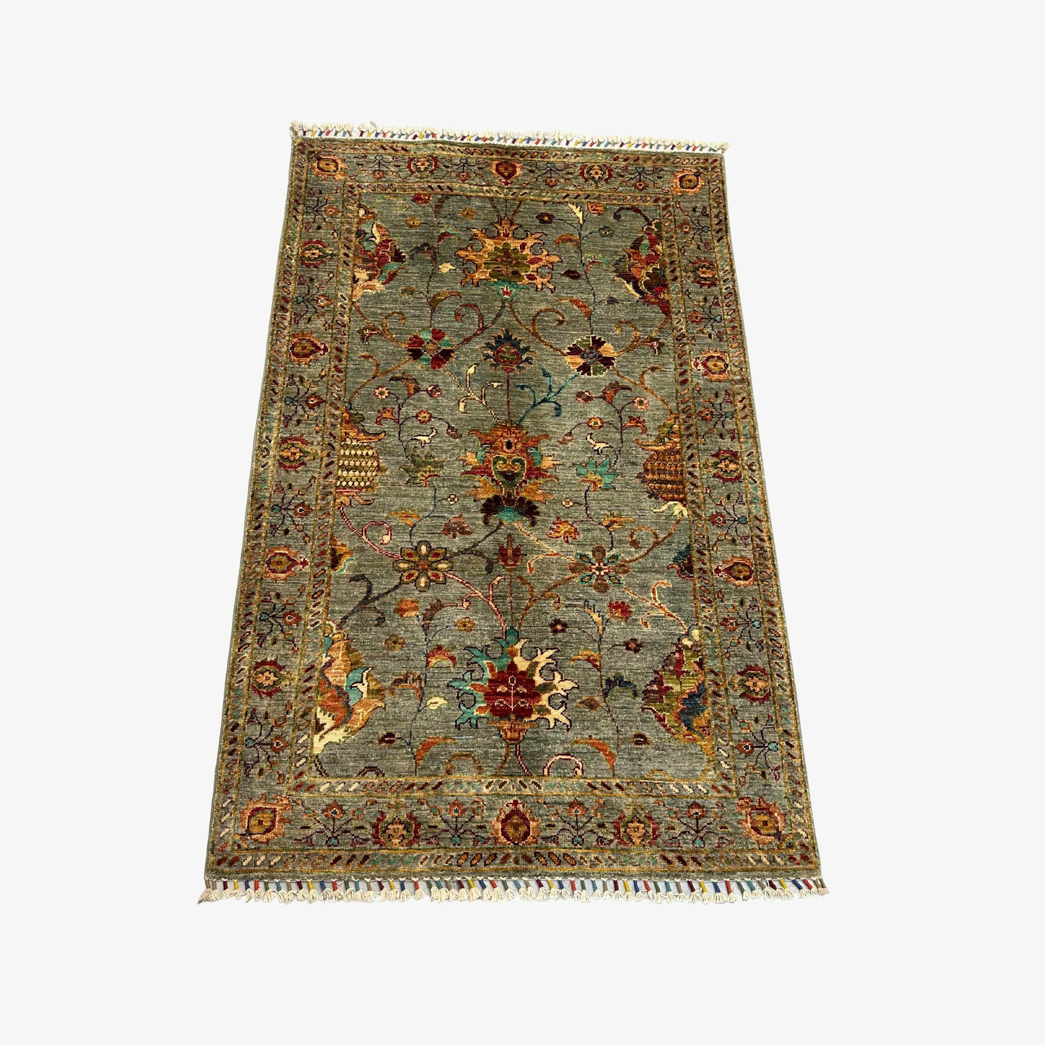 Sultani 5.4 x 3.4 Wool Rug – Grey Base with Multicolour Floral & Vine Motifs