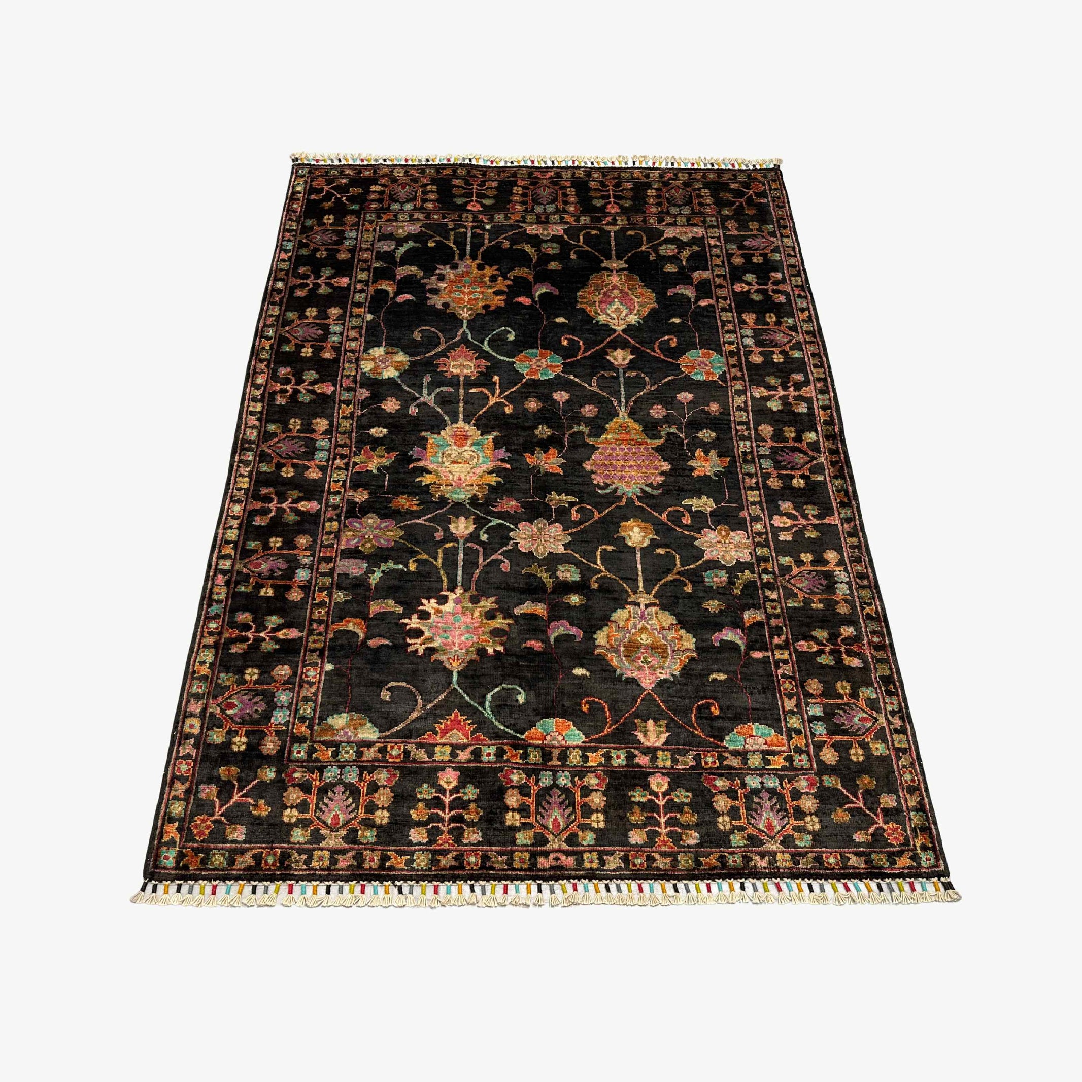 Sultani 5.7 x 4.2 Wool Rug – Midnight Black with Blooming Tree & Floral Motifs