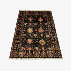 Sultani 5.7 x 4.2 Wool Rug – Midnight Black with Blooming Tree & Floral Motifs