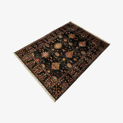 Sultani 5.7 x 4.2 Wool Rug – Midnight Black with Blooming Tree & Floral Motifs