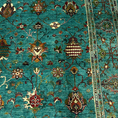 Sultani 9.5 x 8.1 Wool Rug – Turquoise Blue with Rich Floral & Vine Patterns