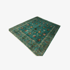 Sultani 9.5 x 8.1 Wool Rug – Turquoise Blue with Rich Floral & Vine Patterns