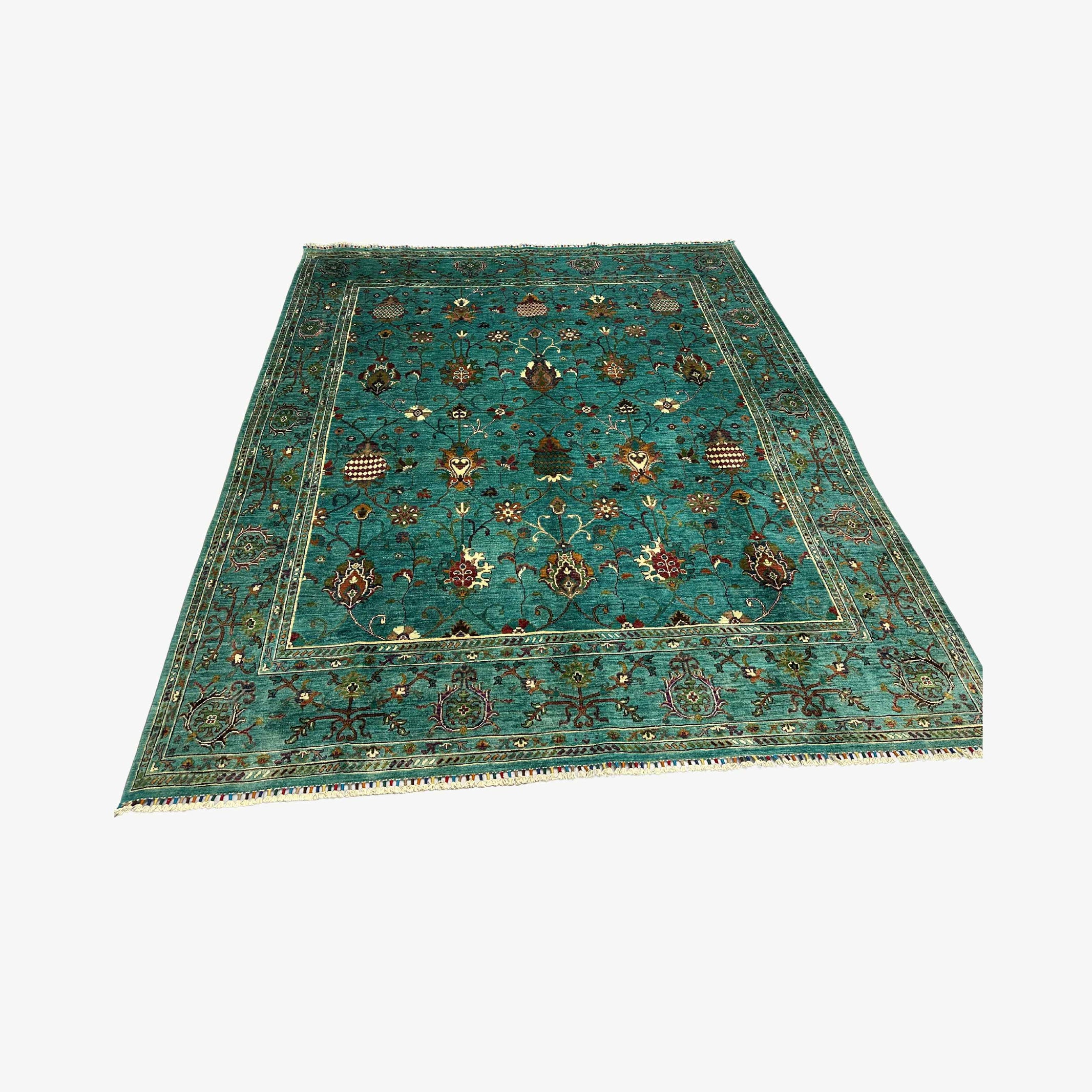 Sultani 9.5 x 8.1 Wool Rug – Turquoise Blue with Rich Floral & Vine Patterns