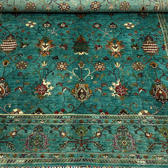 Sultani 9.5 x 8.1 Wool Rug – Turquoise Blue with Rich Floral & Vine Patterns