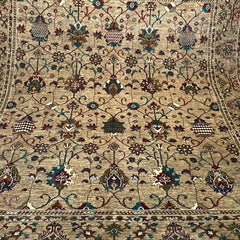 Sultani 9.6 x 8.2 Wool Rug – Beige Sand Field with Jewel-Toned Floral & Vine Motifs
