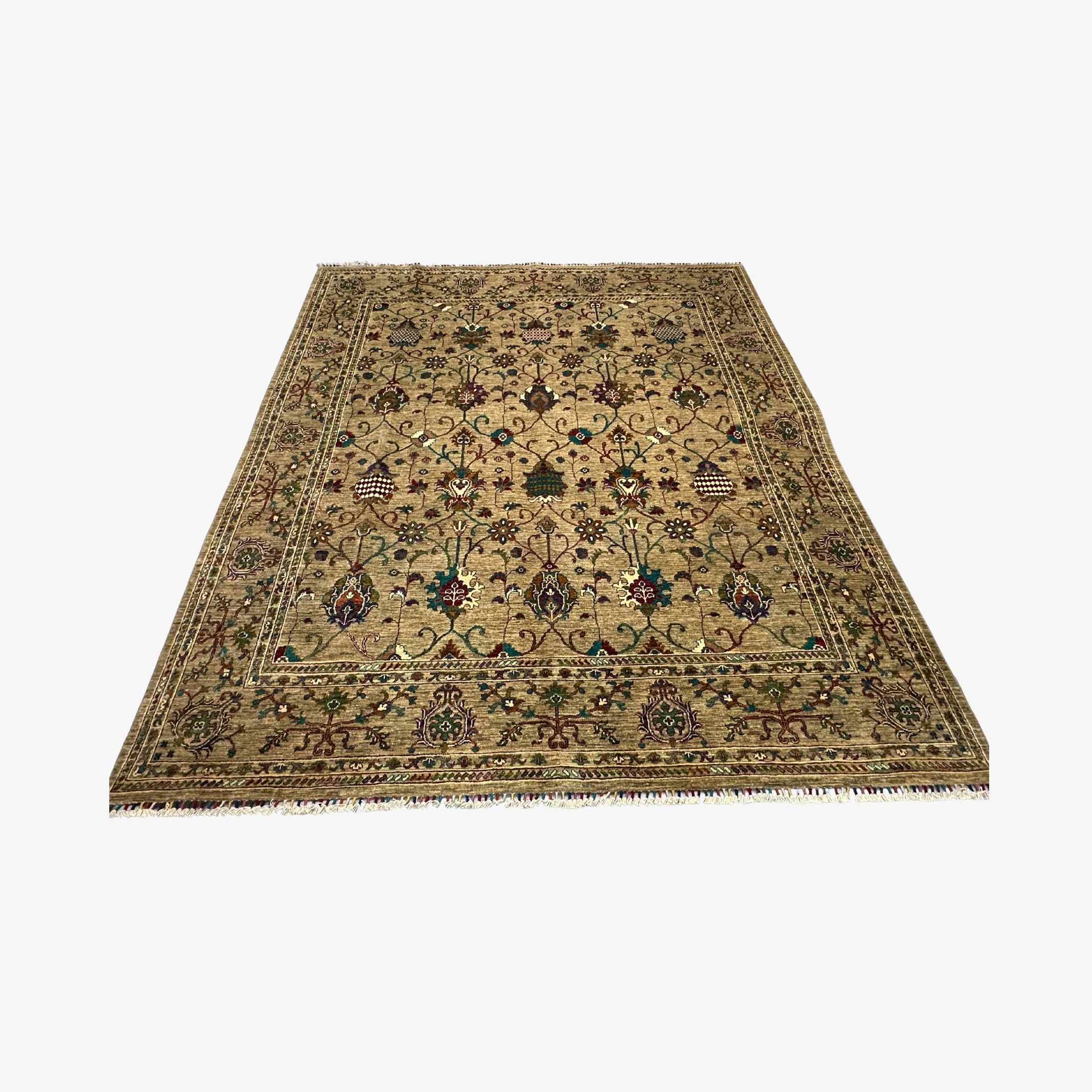 Sultani 9.6 x 8.2 Wool Rug – Beige Sand Field with Jewel-Toned Floral & Vine Motifs