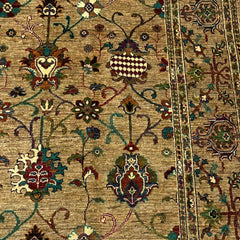 Sultani 9.6 x 7.9 Wool Rug – Golden Olive Field with Multicolour Floral & Vine Motifs
