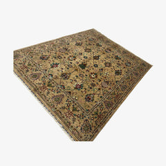 Sultani 9.6 x 7.9 Wool Rug – Golden Olive Field with Multicolour Floral & Vine Motifs