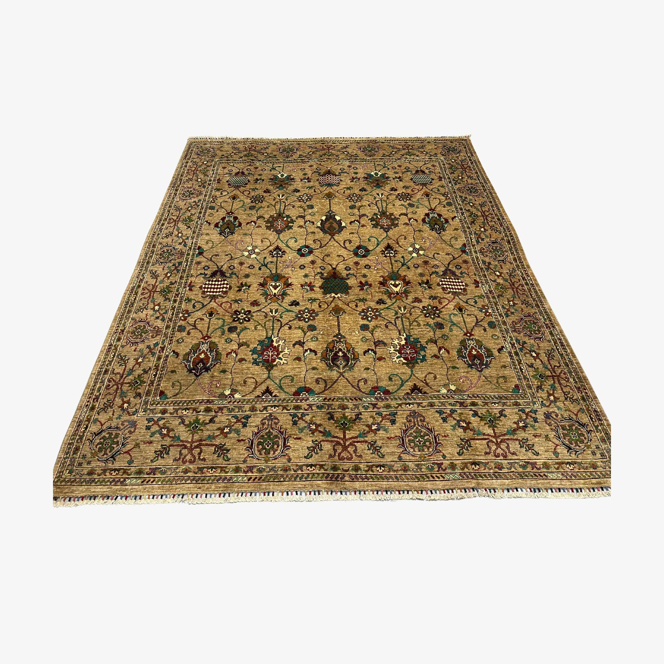 Sultani 9.6 x 7.9 Wool Rug – Golden Olive Field with Multicolour Floral & Vine Motifs