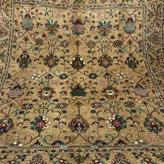 Sultani 9.6 x 7.9 Wool Rug – Golden Olive Field with Multicolour Floral & Vine Motifs
