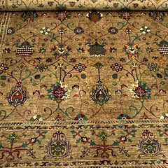 Sultani 9.5 x 8.2 Wool Rug – Golden Beige Field with Multicolour Floral & Vine Motifs