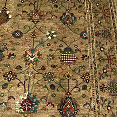 Sultani 9.5 x 8.2 Wool Rug – Golden Beige Field with Multicolour Floral & Vine Motifs