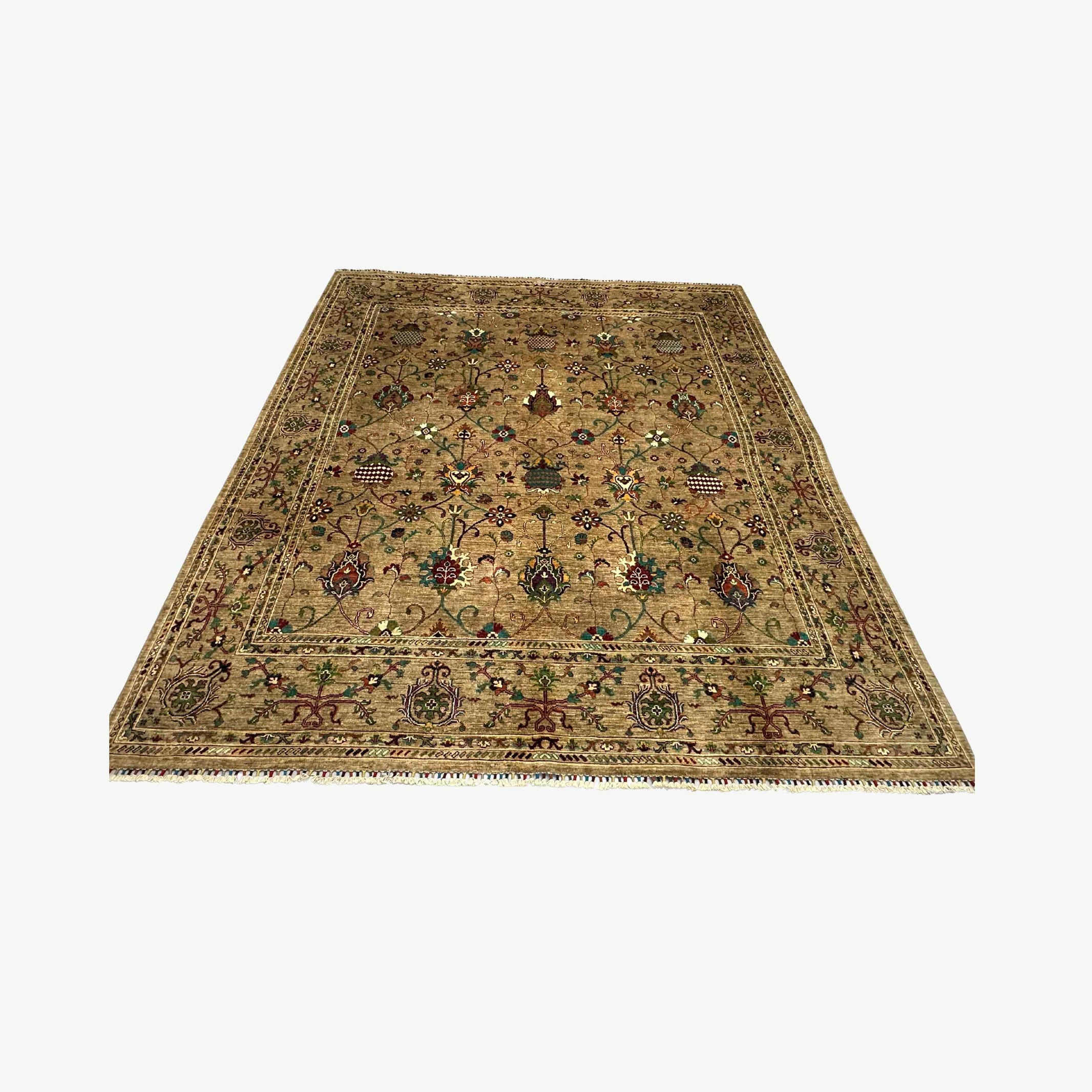 Sultani 9.5 x 8.2 Wool Rug – Golden Beige Field with Multicolour Floral & Vine Motifs