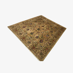 Sultani 9.5 x 8.2 Wool Rug – Golden Beige Field with Multicolour Floral & Vine Motifs