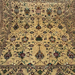 Sultani 9.8 x 7.8 Wool Rug – Golden Beige with Floral Trellis & Medallion Motifs