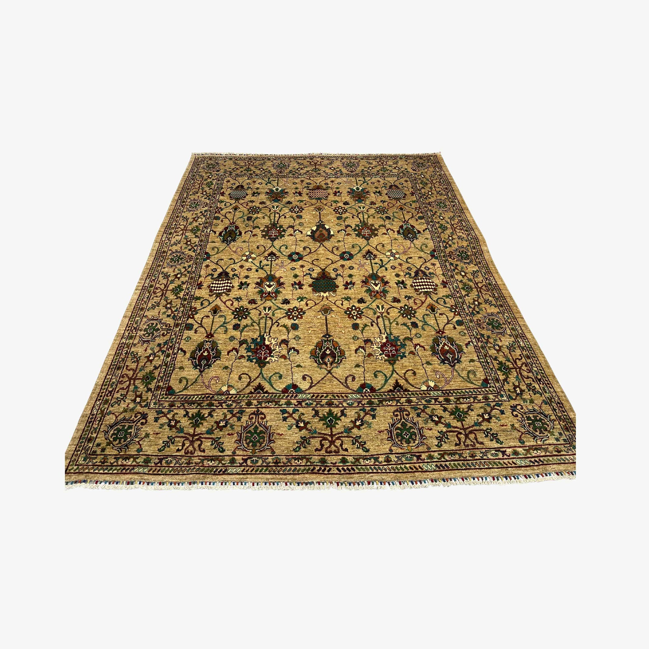 Sultani 9.8 x 7.8 Wool Rug – Golden Beige with Floral Trellis & Medallion Motifs
