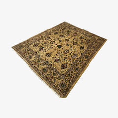 Sultani 9.8 x 7.8 Wool Rug – Golden Beige with Floral Trellis & Medallion Motifs