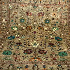 Sultani 9.5 x 8.3 Wool Rug – Olive Beige with Vibrant Floral & Vine Motifs