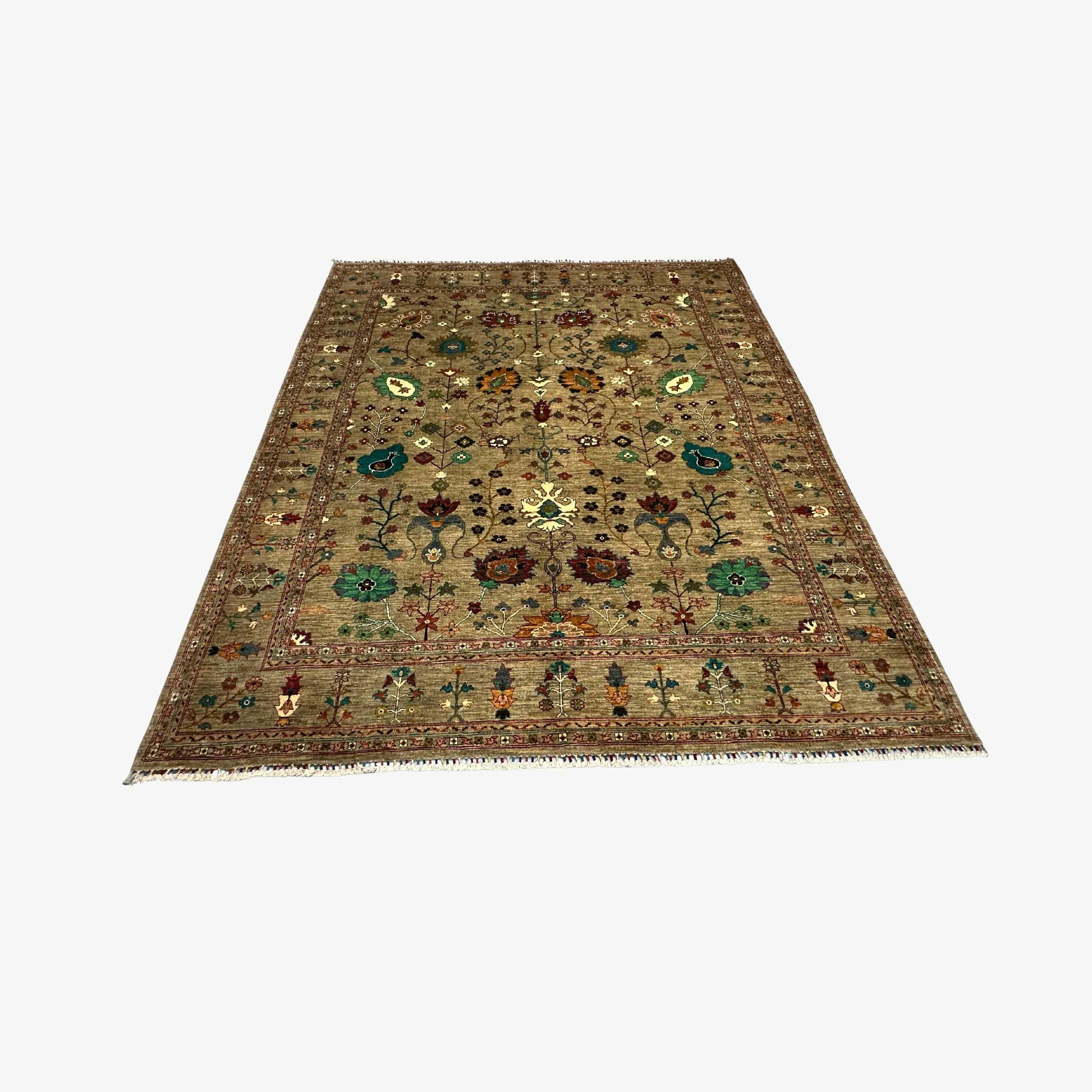 Sultani 9.5 x 8.3 Wool Rug – Olive Beige with Vibrant Floral & Vine Motifs