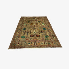Sultani 9.5 x 8.3 Wool Rug – Olive Beige with Vibrant Floral & Vine Motifs