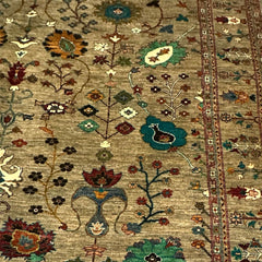 Sultani 9.5 x 8.3 Wool Rug – Olive Beige with Vibrant Floral & Vine Motifs