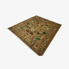 Sultani 9.5 x 8.3 Wool Rug – Olive Beige with Vibrant Floral & Vine Motifs