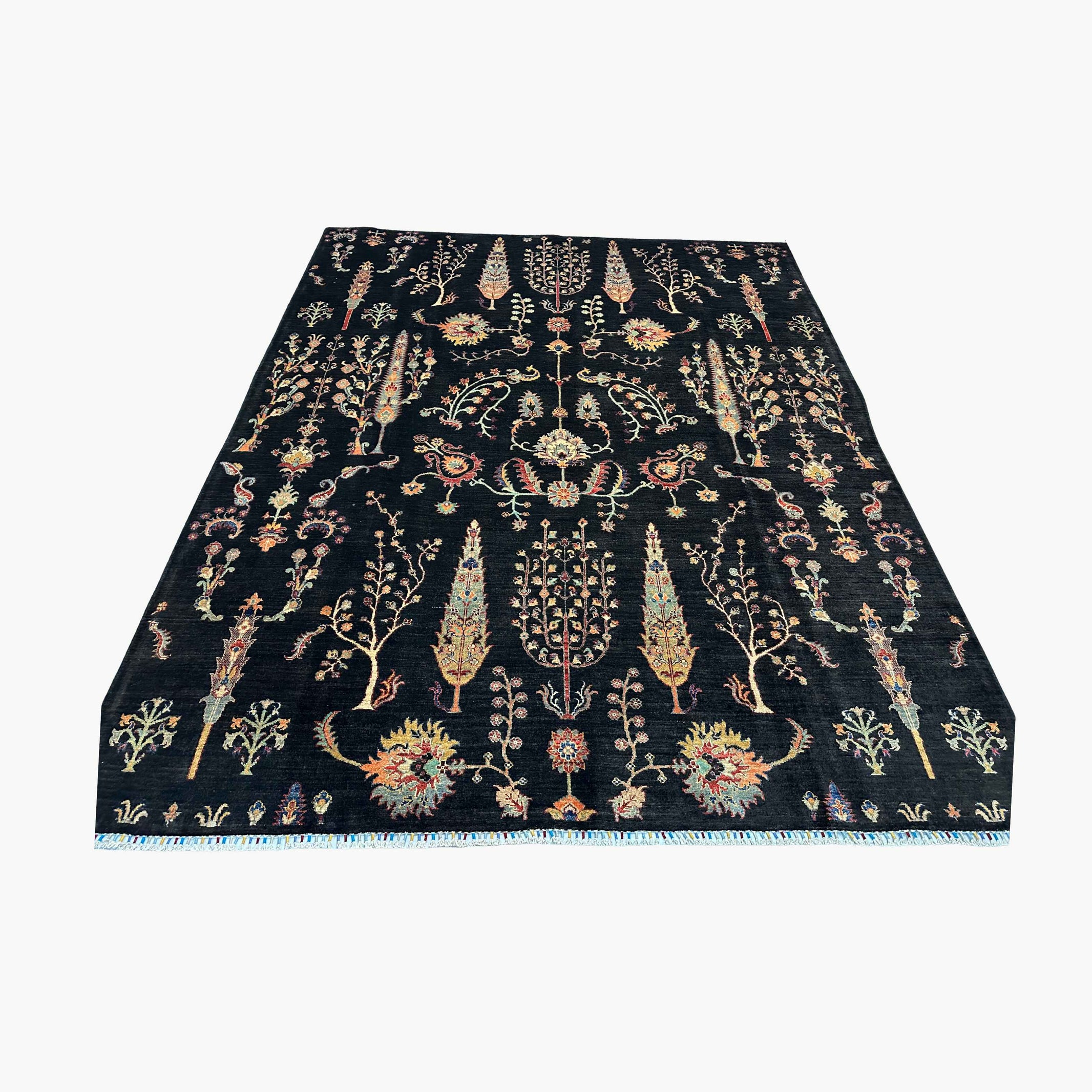 TreeOfLife 9.9 x 8.1 Wool Rug – Midnight Black with Tree & Floral Motifs