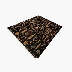 TreeOfLife 9.9 x 8.1 Wool Rug – Midnight Black with Tree & Floral Motifs