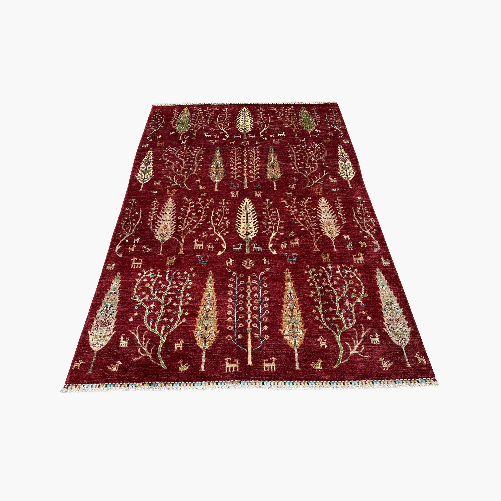 TreeOfLife 8.2 x 5.7  Wool Rug – Crimson Field with Tree & Animal Motifs