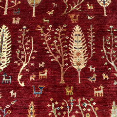 TreeOfLife 8.2 x 5.7  Wool Rug – Crimson Field with Tree & Animal Motifs