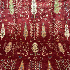 TreeOfLife 8.2 x 5.7  Wool Rug – Crimson Field with Tree & Animal Motifs