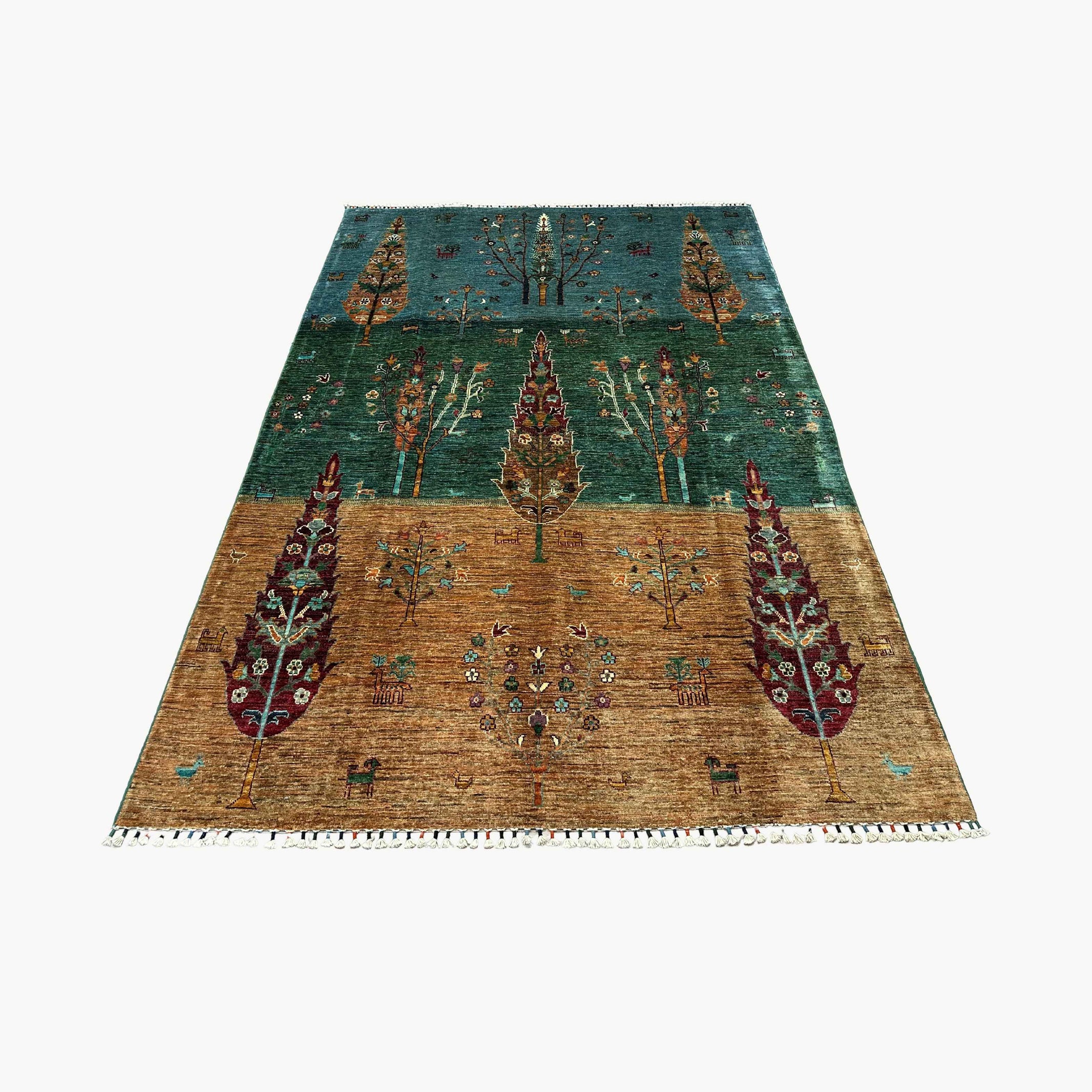 TreeOfLife 8.5 x 5.7 Wool Rug – Dual-Field Green & Earth Tones with Tree & Animal Motifs