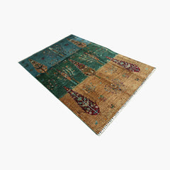 TreeOfLife 8.5 x 5.7 Wool Rug – Dual-Field Green & Earth Tones with Tree & Animal Motifs