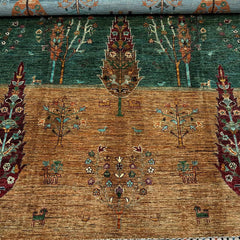 TreeOfLife 8.5 x 5.7 Wool Rug – Dual-Field Green & Earth Tones with Tree & Animal Motifs