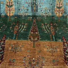 TreeOfLife 8.5 x 5.7 Wool Rug – Dual-Field Green & Earth Tones with Tree & Animal Motifs