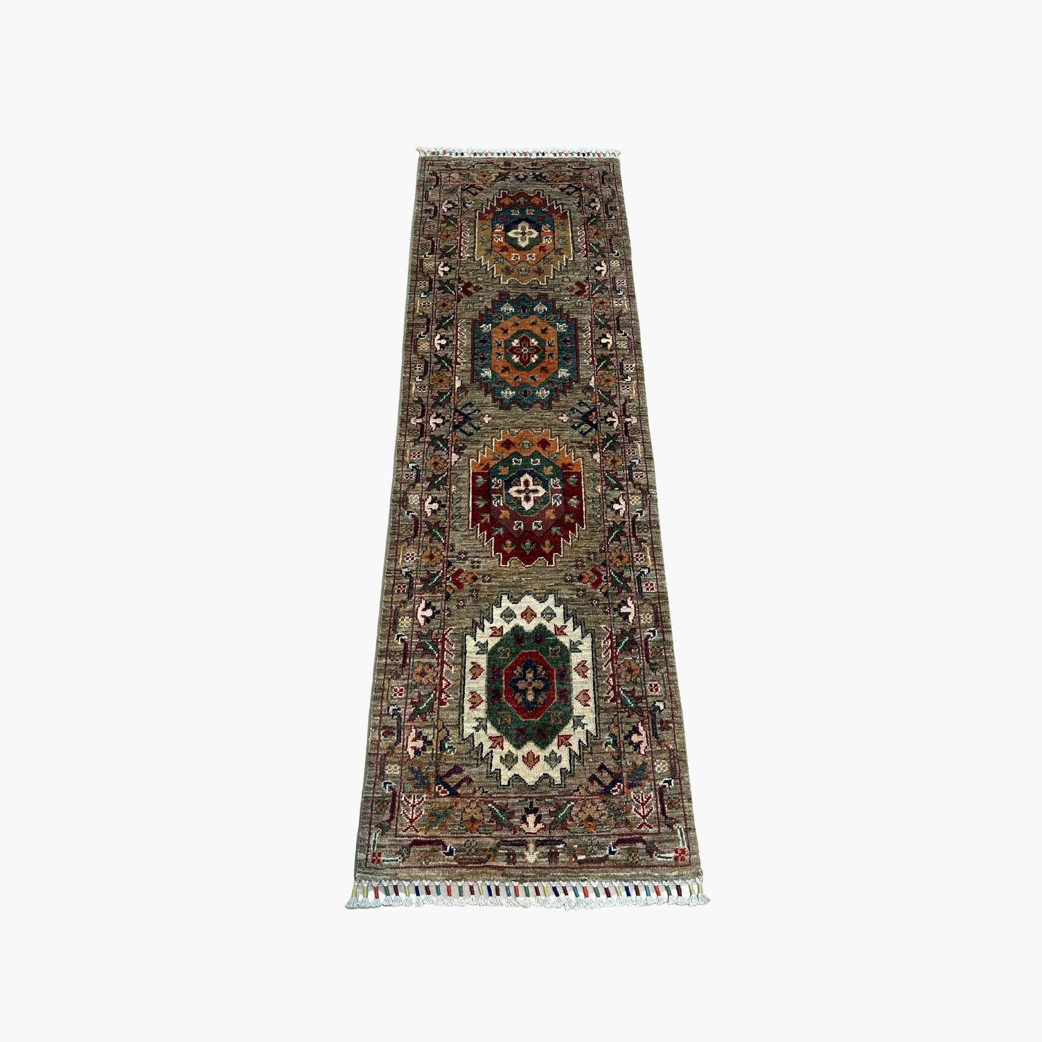 Waziri 5.9 x 2.8 Wool Runner – Tribal Medallion Design in Earthy Grey with Jewel-Tone Accents
