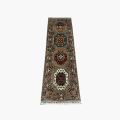 Waziri 5.9 x 2.8 Wool Runner – Tribal Medallion Design in Earthy Grey with Jewel-Tone Accents